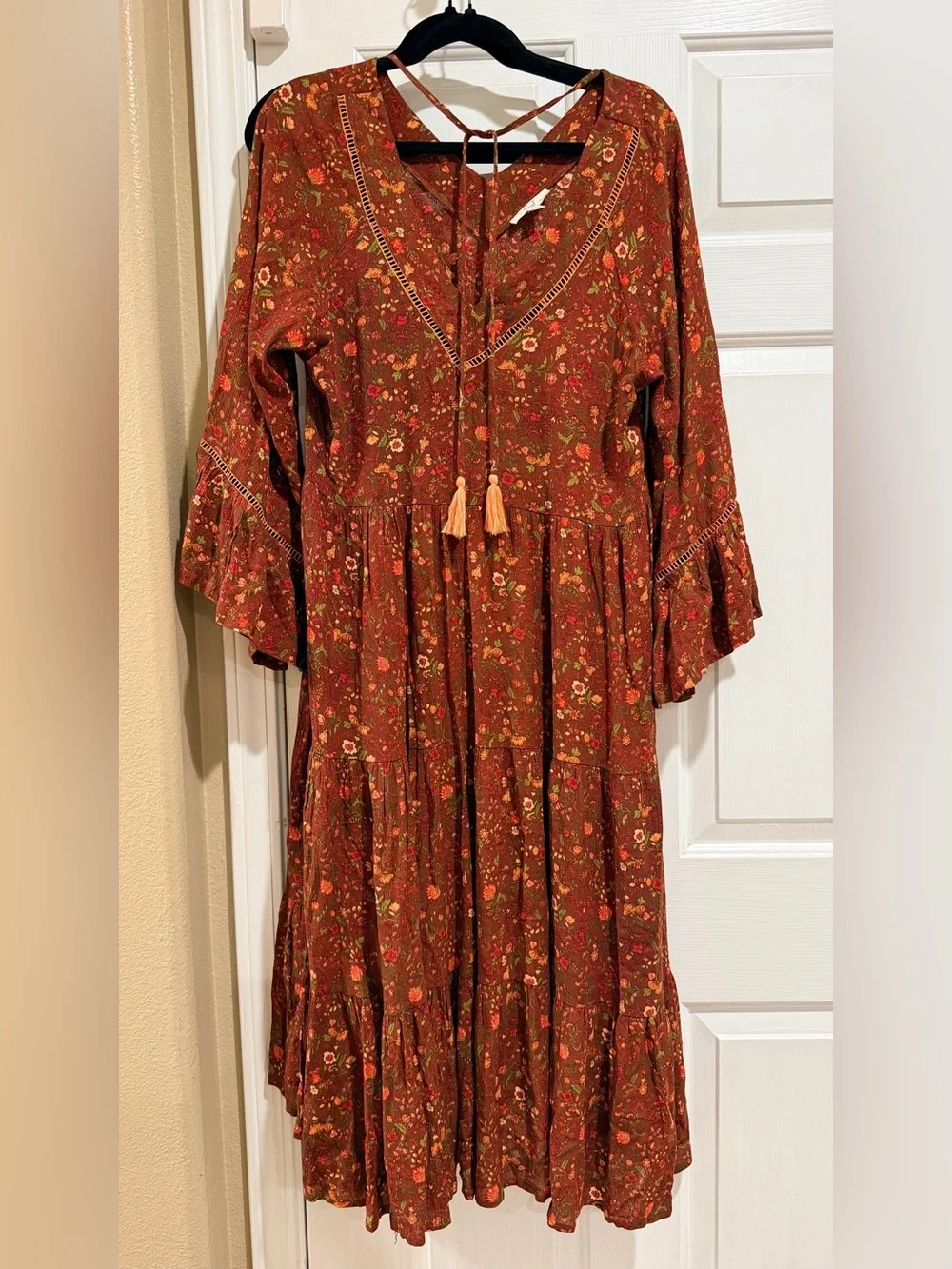 Easel Rust Floral Boho Tiered Maxi Dress with Tassel Tie - Picture 1 of 5